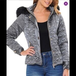 NWT~Metallic Grey Faux-Fur Trimmed Hooded Quilted Puffer Coat
